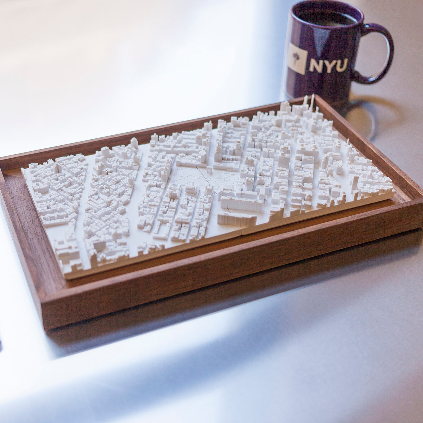 Framed, 3D-printed aerial scan of Washington Square Park and surrounding NYU campus buildings