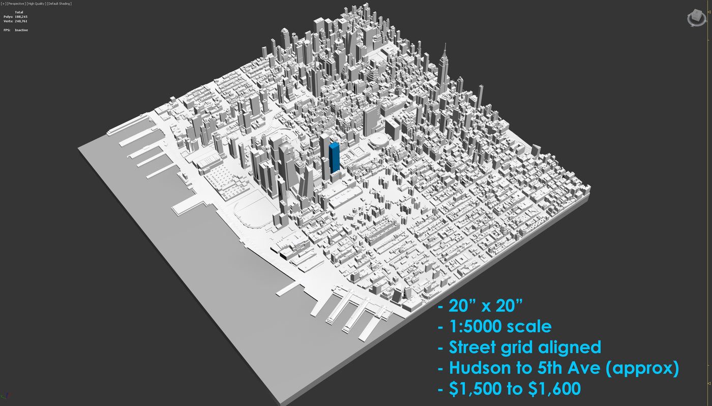 Custom 20" x 20" 1:5000 Scale Midtown Manhattan Model